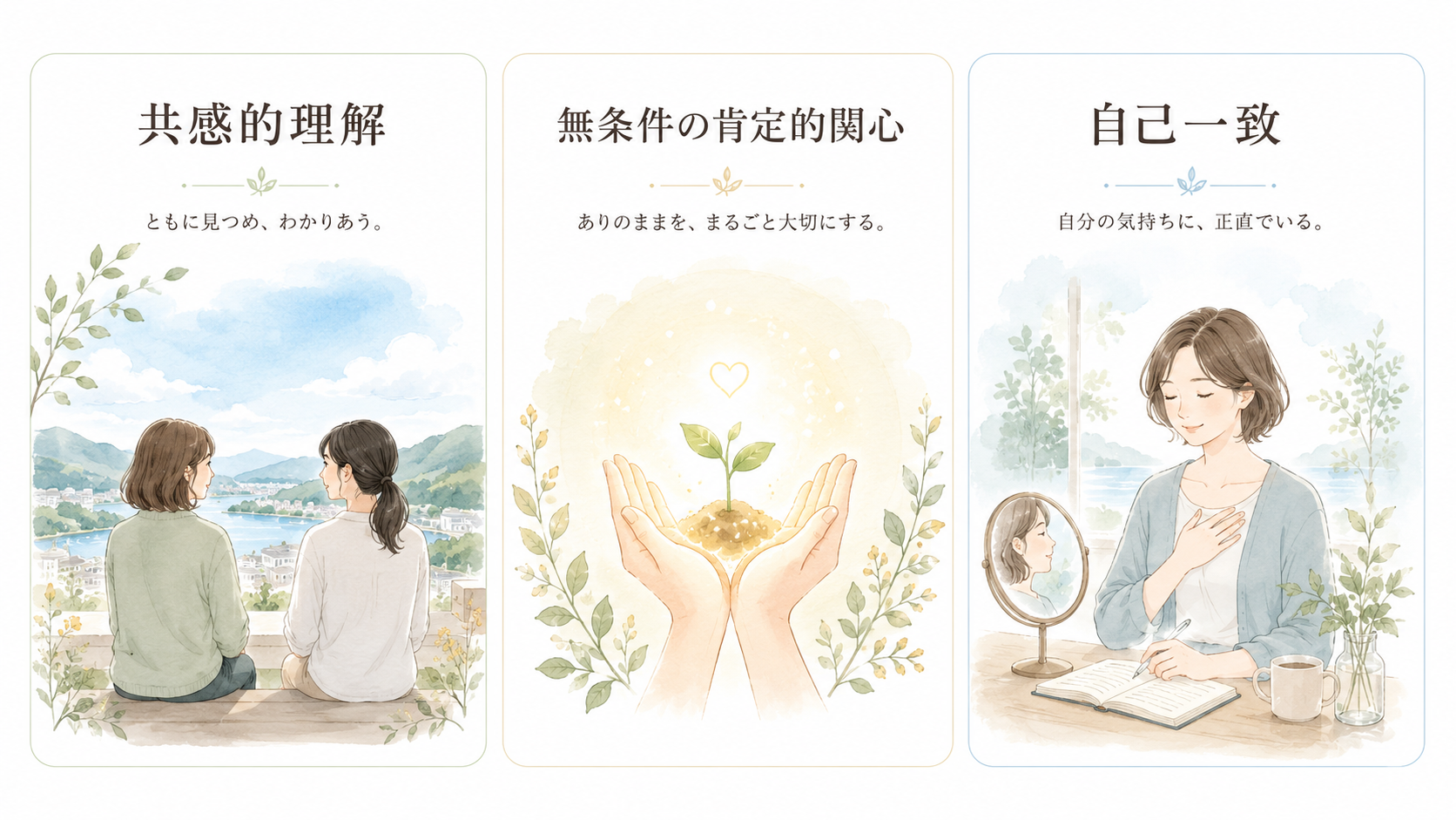 共感的理解、無条件の肯定的関心、自己一致を表した3つのカード型イラスト